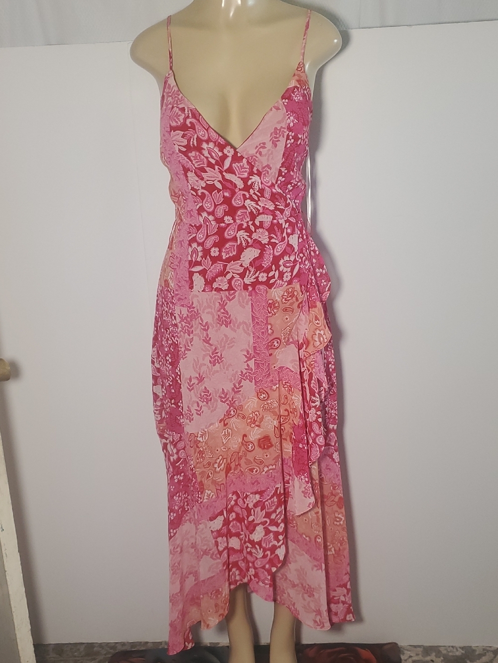 Lulus Divinely Darling Pink Patchwork Faux Wrap Floral Slip Dress Size L